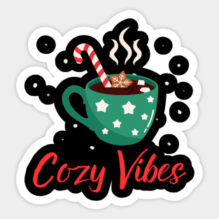 Cozy Vibes Hot Chocolate Mug with Marshmallows on Snowy Black Sticker